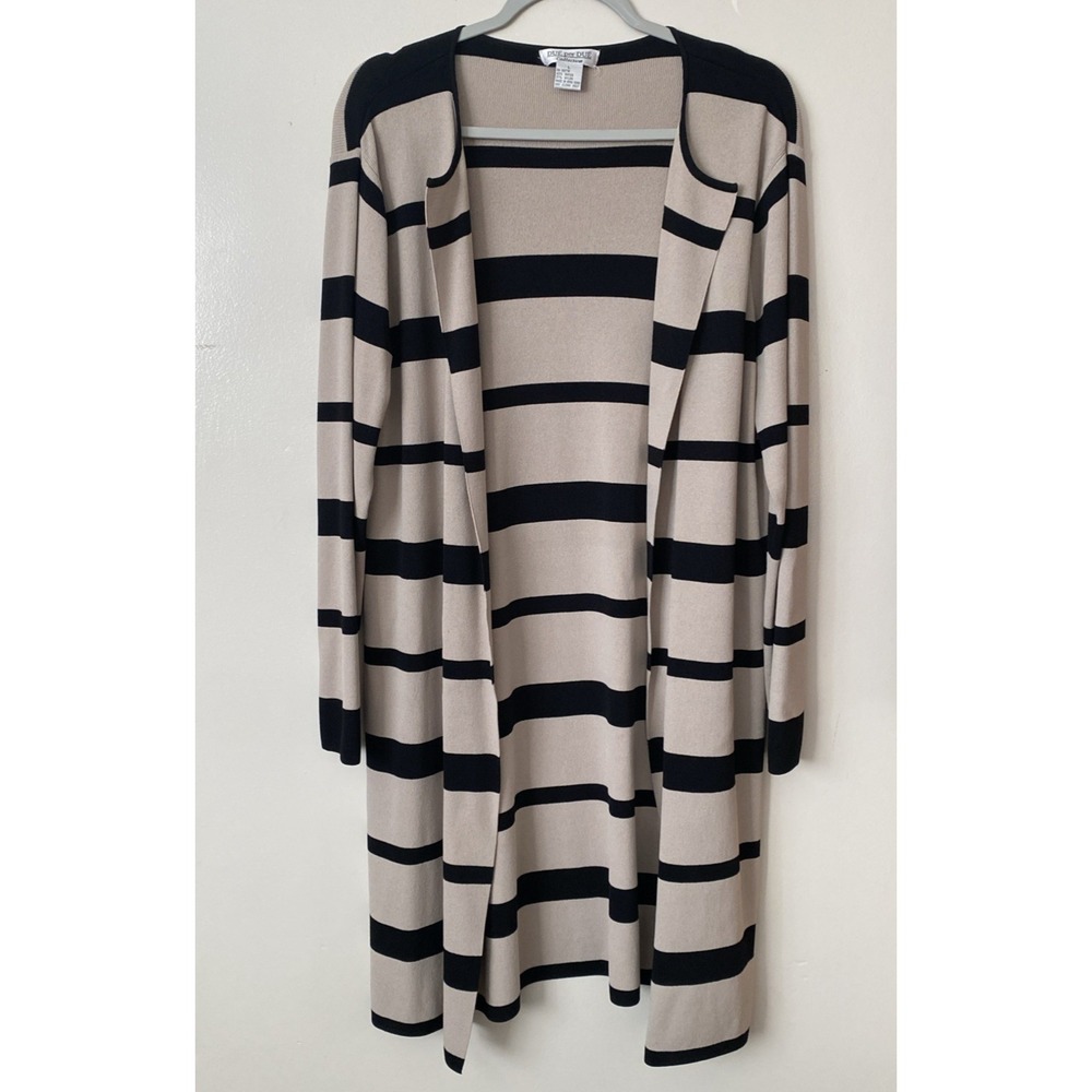 Due‎ Per Due Womens Cardigan L Black Brown Striped Open Front Chic Boho Elegant